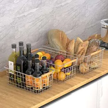 YOUVIP 3 Pack Wire Storage Baskets for Organizing,Household Pantry Storage Freezer Baskets with Wooden Handles,Metal Storage Baskets for Bathroom, Laundry, Garage，Sliver