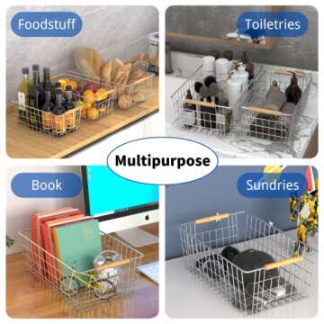 YOUVIP 3 Pack Wire Storage Baskets for Organizing,Household Pantry Storage Freezer Baskets with Wooden Handles,Metal Storage Baskets for Bathroom, Laundry, Garage，Sliver
