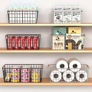 YOUVIP 3 Pack Wire Storage Baskets for Organizing,Household Pantry Storage Freezer Baskets with Wooden Handles,Metal Storage Baskets for Bathroom, Laundry, Garage，Sliver