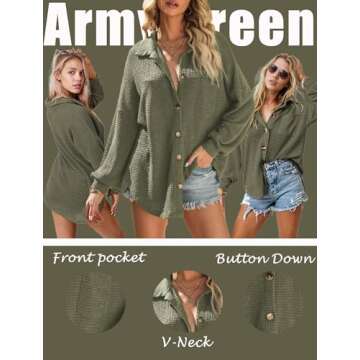 HOTOUCH Button Down Shirt Women Sexy Oversized Shirt Long Sleeve Button Shirts for Women with Pocketed Army Green S