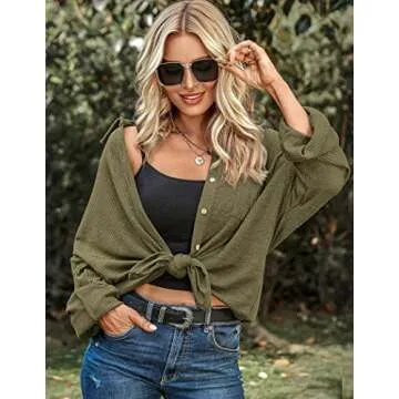 HOTOUCH Button Down Shirt Women Sexy Oversized Shirt Long Sleeve Button Shirts for Women with Pocketed Army Green S