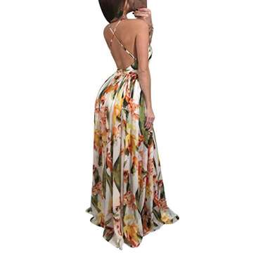 Remelon Womens Sexy Spaghetti Strap Deep V Neck Floral Boho Criss Cross Backless Chiffon Beach Party Long Maxi Dress Yellow M