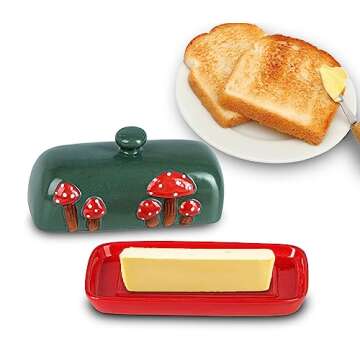 Mushroom Butter Dish With Lid For Countertop Ceramic Butterdish Red Butter Container Butter Tray Lar...