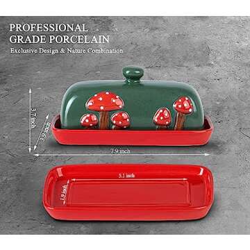 Mushroom Butter Dish With Lid For Countertop Ceramic Butterdish Red Butter Container Butter Tray Large Butter Dish Covered Butter Dish