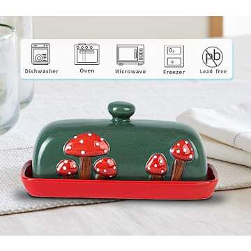 Mushroom Butter Dish With Lid For Countertop Ceramic Butterdish Red Butter Container Butter Tray Large Butter Dish Covered Butter Dish