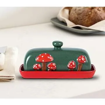 Mushroom Butter Dish With Lid For Countertop Ceramic Butterdish Red Butter Container Butter Tray Large Butter Dish Covered Butter Dish
