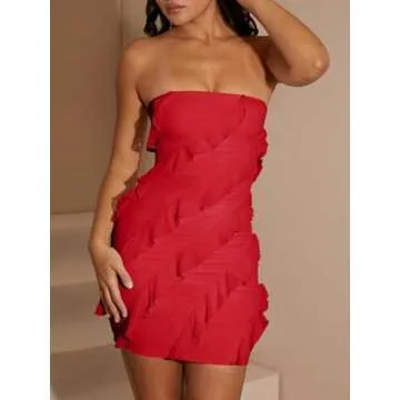 Wenrine Women's Sexy Strapless Mini Dress Summer Bodycon Sleeveless Mesh Ruffle Casual Tube Top Club Party Dresses Red