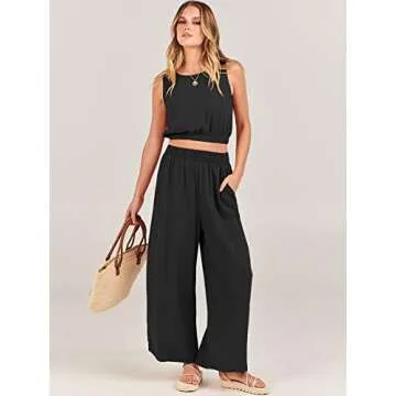 ANRABESS Women’s Summer 2 Piece Outfits Sleeveless Crop Top Tank and Wide Leg Pants Linen Jumpsuit Beach Vacation Sets