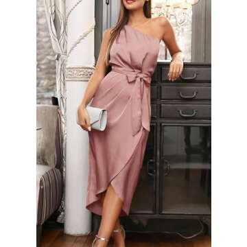 PRETTYGARDEN Women's 2024 Summer Ruched Bodycon Dress Sleeveless One Shoulder Wrap Satin Belted Cocktail Midi Dress(Dark Pink,Medium)