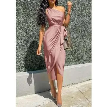 PRETTYGARDEN Women's 2024 Summer Ruched Bodycon Dress Sleeveless One Shoulder Wrap Satin Belted Cocktail Midi Dress(Dark Pink,Medium)