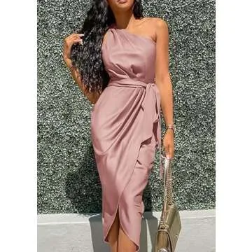 PRETTYGARDEN Women's 2024 Summer Ruched Bodycon Dress Sleeveless One Shoulder Wrap Satin Belted Cocktail Midi Dress(Dark Pink,Medium)