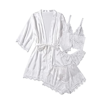 WDIRARA Women' Silk Satin Pajamas Set 4pcs Lingerie Floral Lace Cami Sleepwear with Robe Snow White ...