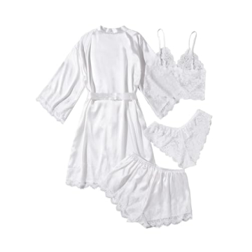 WDIRARA Women' Silk Satin Pajamas Set 4pcs Lingerie