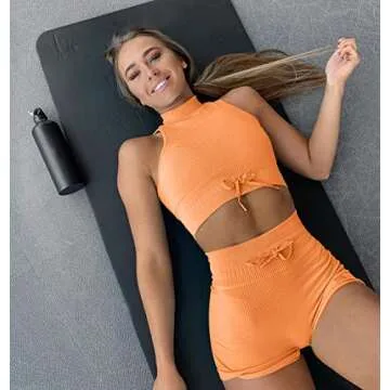 OQQ Workout Outfits for Women 2 Piece Ribbed Seamless High Waist Shorts with High Neck Crop Top Exercise Set Orange