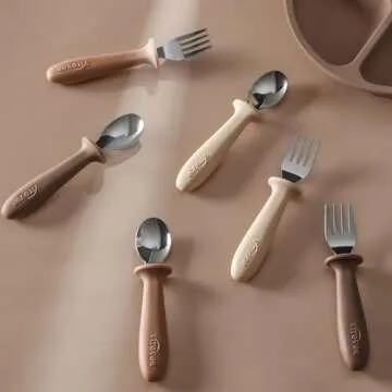 6 Pieces Toddler Utensils, Children Silverware Set with Silicone Handle, Kids Safe Spoons and Forks, Dishwasher Safe, 18/8 Stainless Steel, Food-grade Silicone，BPA Free - Tan