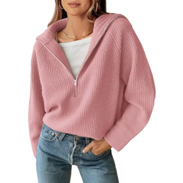 BTFBM Women’s Casual Long Sleeve Half Zip Pullover Sweaters Solid V Neck Collar Ribbed Knitted Loo...
