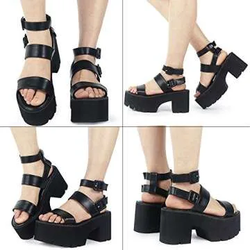 AOSPHIRAYLIAN Womens Platform Sandals Cutout Open Toe Ankle Strap Punk Goth Chunky Heeled Sandals Black