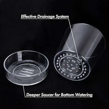 Phoenix Vine 6.5 Inch Clear Acrylic Planter Pot with Tray, Orchid Pot with Drainage Holes, Deep Saucer for Bottom Watering, Transparent Containers for Indoor Plants, Herbs, Set of 3, 91-A-F-3