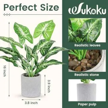 WUKOKU 16" Small Fake Plants Artificial Tropical Faux Plants Indoor Desk Plant for Home Office Kitchen Shelf Sage Green Decor