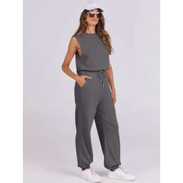 ANRABESS Jumpsuits for Women Casual Summer Sleeveless 2025 Romper One Piece Outfit Active Workout Lounge Jumpsuits Pockets Grey Small
