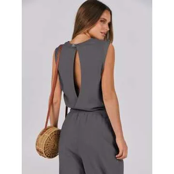 ANRABESS Jumpsuits for Women Casual Summer Sleeveless 2025 Romper One Piece Outfit Active Workout Lounge Jumpsuits Pockets Grey Small