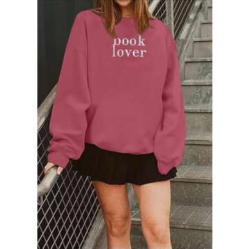MOUSYA Book Lover Embroidered Sweatshirt Women Funny Reading Book Long Sleeve Shirt Casual Teacher Pullover Tops Dark Pink