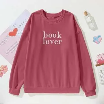 MOUSYA Book Lover Embroidered Sweatshirt Women Funny Reading Book Long Sleeve Shirt Casual Teacher Pullover Tops Dark Pink