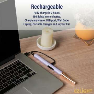 EZLight USB Lighter Rechargeable Long Electric Arc Flameless Lighters for Candles, Outdoor Windproof, Auto-Off, LED Battery Power Indicator, Purple
