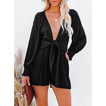 AlvaQ Rompers for Women 2024 Summer Tie Knot Front Sexy V Neck Short Jumpsuits