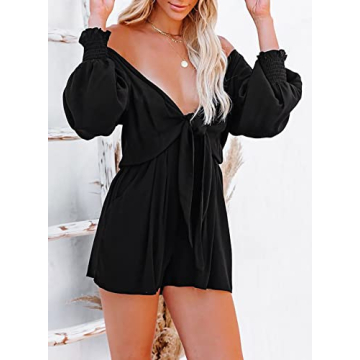 AlvaQ Rompers for Women 2024 Summer Tie Knot Front Sexy V Neck Short Jumpsuits