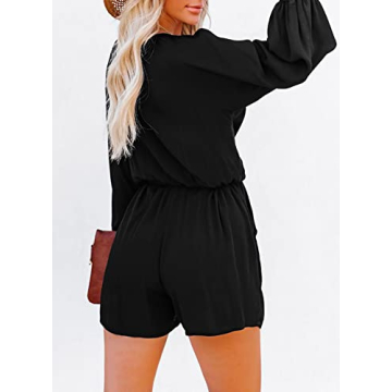 AlvaQ Rompers for Women 2024 Summer Tie Knot Front Sexy V Neck Short Jumpsuits