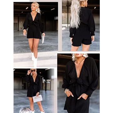 AlvaQ Rompers for Women 2024 Summer Tie Knot Front Sexy V Neck Short Jumpsuits