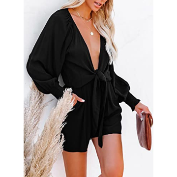 AlvaQ Rompers for Women 2024 Summer Tie Knot Front Sexy V Neck Short Jumpsuits