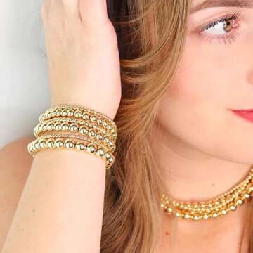 Cryshimmer Gold Bead Bracelet for Women Gold Plated Bead Ball Bracelet Stretchable Elastic Bracelets Set(4mm+6mm)