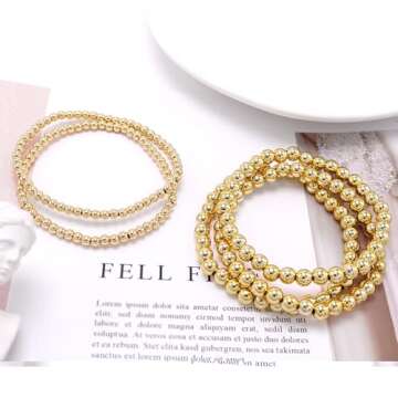 Cryshimmer Gold Bead Bracelet for Women Gold Plated Bead Ball Bracelet Stretchable Elastic Bracelets Set(4mm+6mm)