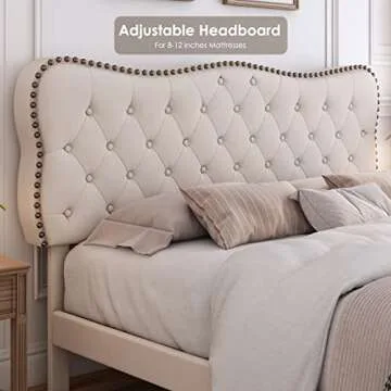 HOSTACK Upholstered Full Bed Frame with Adjustable Headboard