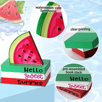 Yulejo 4 Piece Summer Tiered Tray Decor Wooden Watermelon Book Table Centerpieces Farmhouse Hello Sweet Summer Watermelon Stacked Book Decor Summer Decoration for Home Shelf Kitchen Party Decoration