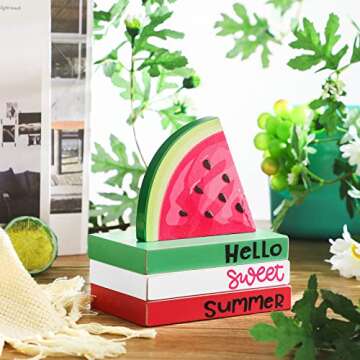 Yulejo 4 Piece Summer Tiered Tray Decor Wooden Watermelon Book Table Centerpieces Farmhouse Hello Sweet Summer Watermelon Stacked Book Decor Summer Decoration for Home Shelf Kitchen Party Decoration