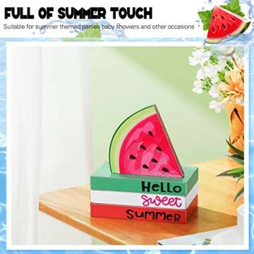 Yulejo 4 Piece Summer Tiered Tray Decor Wooden Watermelon Book Table Centerpieces Farmhouse Hello Sweet Summer Watermelon Stacked Book Decor Summer Decoration for Home Shelf Kitchen Party Decoration