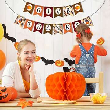 FEPITO Give Thanks Banner with Paper Colorful Turkey Pumpkin Artificial Maple Leaves Decoration Kit Total 203 PCS for Autumn Fall Party Thanksgiving Day Party Supplies Decorations