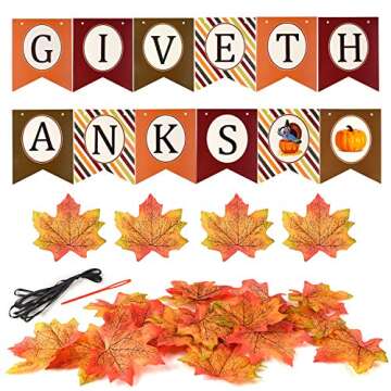 FEPITO Give Thanks Banner with Paper Colorful Turkey Pumpkin Artificial Maple Leaves Decoration Kit Total 203 PCS for Autumn Fall Party Thanksgiving Day Party Supplies Decorations