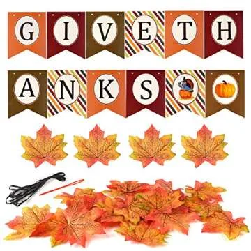 FEPITO Give Thanks Banner with Paper Colorful Turkey Pumpkin Artificial Maple Leaves Decoration Kit Total 203 PCS for Autumn Fall Party Thanksgiving Day Party Supplies Decorations