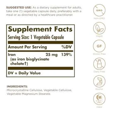 Solgar Gentle Iron 25 mg - 180 Vegetable Capsules - Non-Constipating, Vegan, Gluten Free