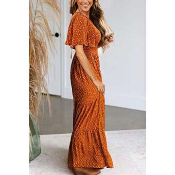 Kranda Summer Dresses for Women 2024 Round Neck Flutter Short Sleeve Casual Dress Swing Flowy Vacation Dress Fall Dresses for Women Smocked Ruffle Tiered Floral Maxi Dress Caramel S