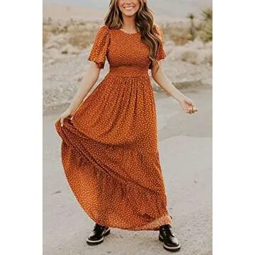 Kranda Summer Dresses for Women 2024 Round Neck Flutter Short Sleeve Casual Dress Swing Flowy Vacation Dress Fall Dresses for Women Smocked Ruffle Tiered Floral Maxi Dress Caramel S