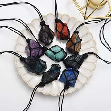Apengshi Healing Crystal Quartz Raw Net Pocket Pendant Black Tourmaline Natural Crystal Gemstone Braided Necklace Jet Stone Irregular Healing Stone Reiki Hangings Craft with Weave Rope
