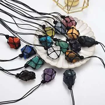 Apengshi Healing Crystal Quartz Raw Net Pocket Pendant Black Tourmaline Natural Crystal Gemstone Braided Necklace Jet Stone Irregular Healing Stone Reiki Hangings Craft with Weave Rope
