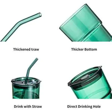 BLUEPOLAR 13oz/400ml Tumbler Water Glass, Glass Coffee Cups with Lids and Straws, Iced Tea Cups Insulated Glass Cup, Green