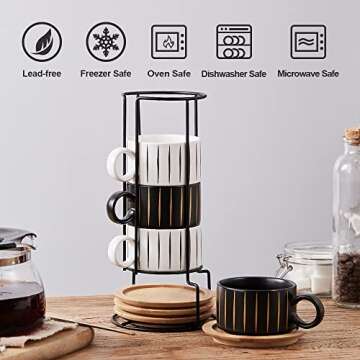 LUKA Porcelain Espresso Cup Set with Saucers and Metal Stand - Elegant Design for Coffee Lovers