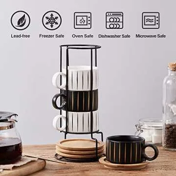 LUKA Porcelain Espresso Cup Set with Saucers and Metal Stand - Elegant Design for Coffee Lovers